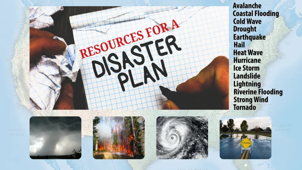 Background map of US with inset photos depicting natural disaster threats, bullet points for each of the hazard threats, and writing that says Resources For A Disaster Plan.