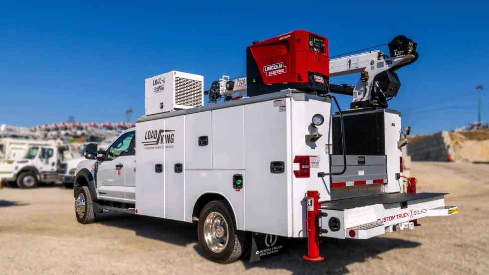 white service body truck with a crane.