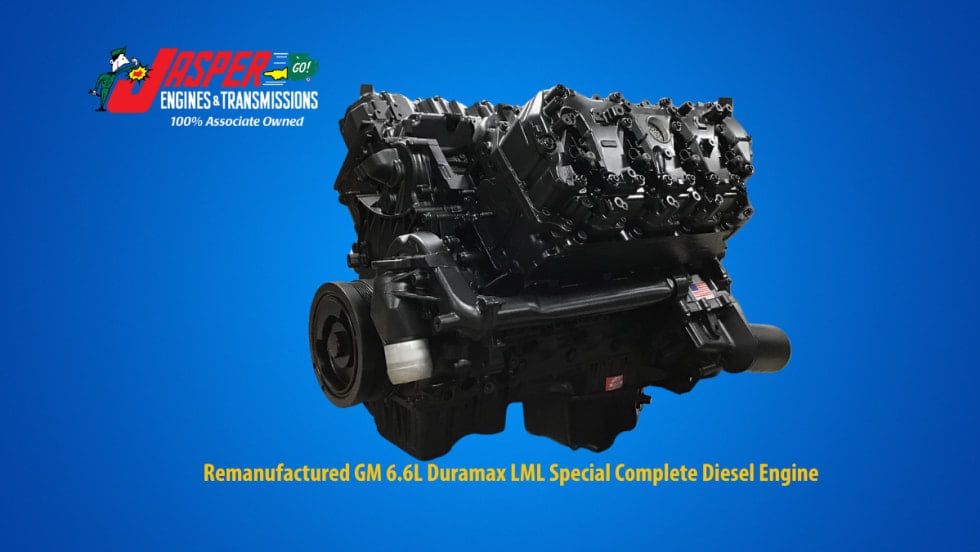Diesel engine against a blue background and company logo for Jasper Engines & Transmission.