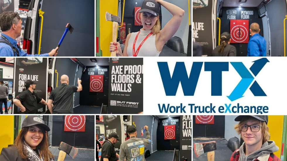 Axe Throwing collage with Work Truck Exchange logo