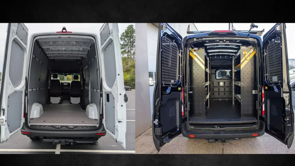 Side-by-side comparison of cargo van upfits: empty white fleet van vs. black upfitted work van with shelving, tool storage, and steel partitions.