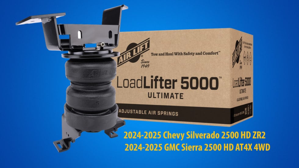 Part of an air suspension with the box containing the kit in the background against a blue background.