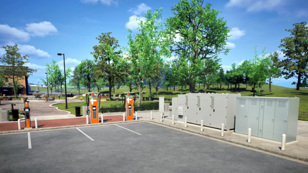 EV charging station with ChargePoint chargers and Eaton power infrastructure set in a landscaped park environment with trees, walkways, and open parking spaces.