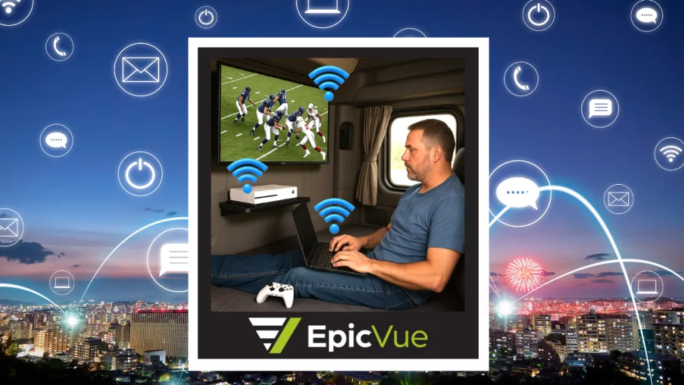 Truck driver using laptop in sleeper part of a truck, against a background theme of internet connections.