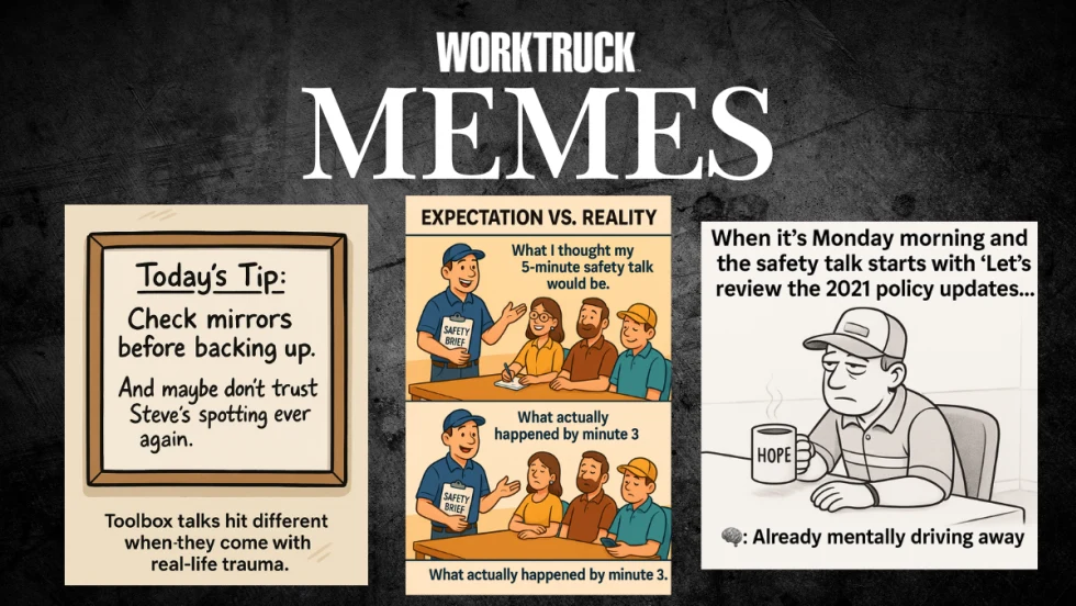 Three illustrated fleet safety memes including a whiteboard joke about Steve, an expectation vs. reality safety talk panel, and a tired driver holding a coffee mug labeled “Hope.”