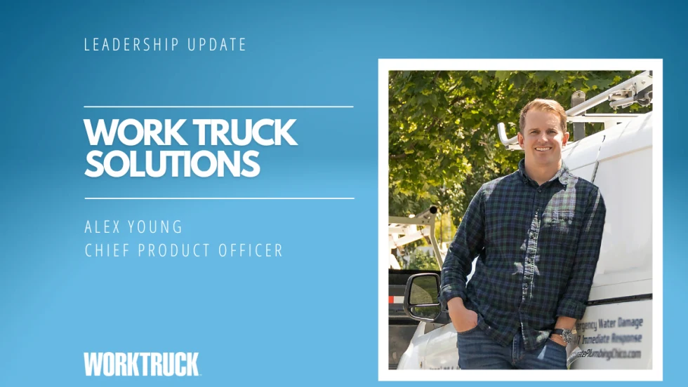 Inset photo of man casually leaning against a van, blue background image, with white test for Work Truck Solutions and the man's name.