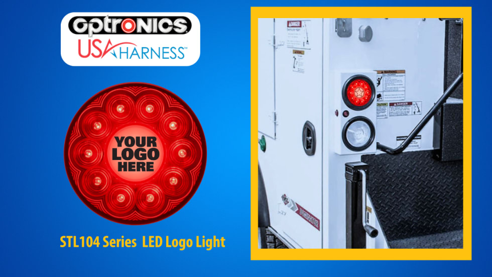 Inset photo of a tail light on a work truck, cut out image of a custom tail light to the left, set against a blue background and a logo for Optpronics.