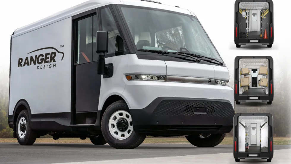 Curated Ranger Design upfit package for Chevrolet BrightDrop electric vans with shelving and storage systems installed in a commercial EV workspace.