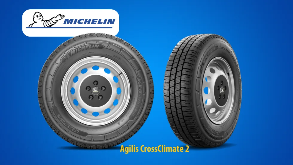 Two tires against a blue background and an inset logo for Michelin.