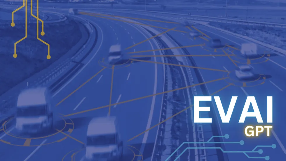 Highway with multiple connected commercial vehicles, overlaid with digital network lines and target indicators, representing EVAI GPT fleet AI integration.