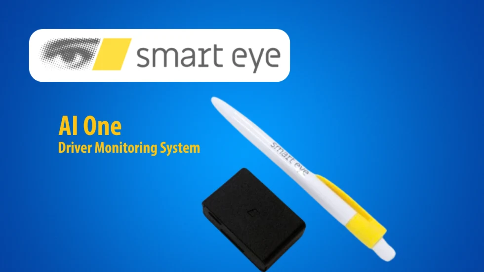 Small black electronic box next to a pen to show scale, against a blue background with logo for Smart Eye.