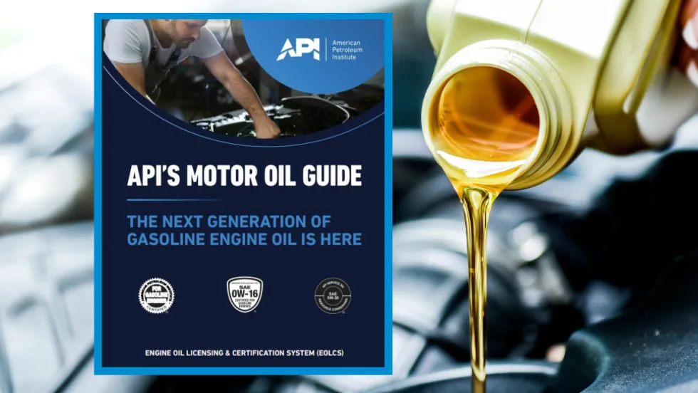 Background image of oil pouring into an engine, inset photo of API's Motor Oil Guide.