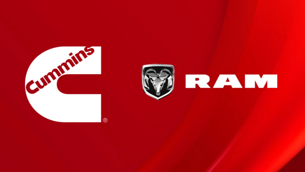Cummins and RAM logos on a red background, featuring the white Cummins “C” with text and the chrome RAM head logo next to bold white “RAM” lettering.