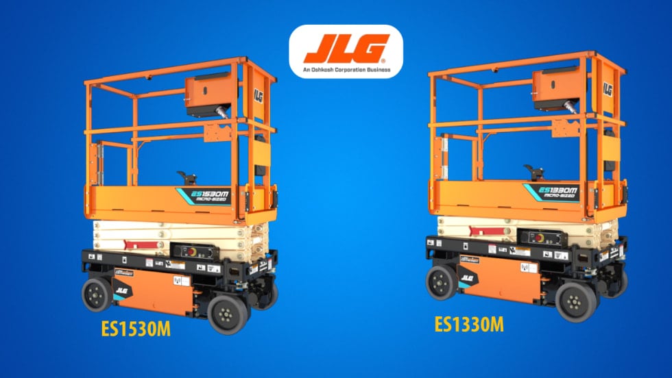 Two orange scissor lifts against a blue background and a logo for JLG Industries.