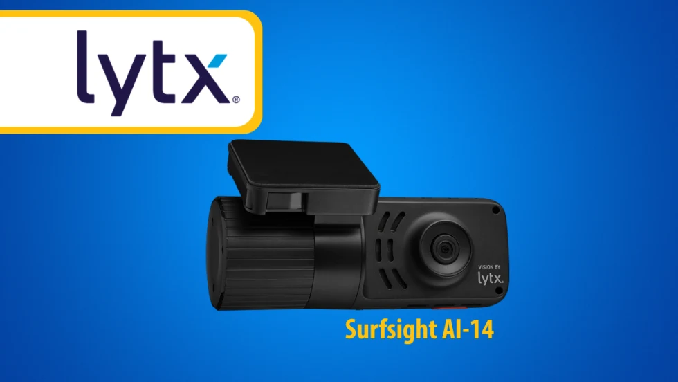 Black dashcam against blue background and inset logo for Lytx in the upper left corner.