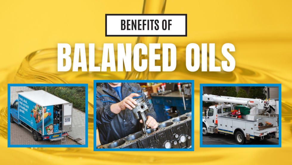 Benefits of balanced oils for medium-duty trucks, including improved fuel economy, longer oil life, and emissions system protection across delivery and utility fleet vehicles.