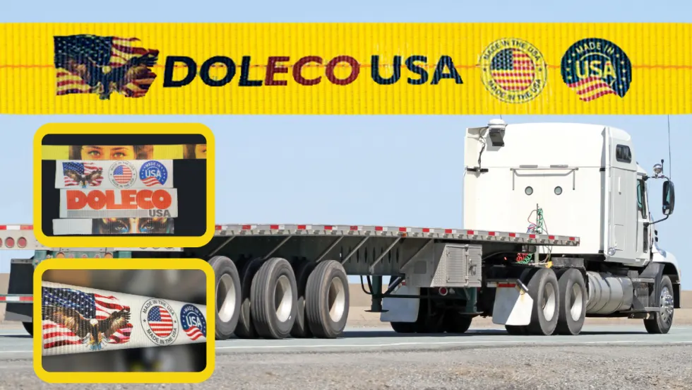 background image of a flatbed trailer behind a truck, inset images of cargo straps with printed designs.