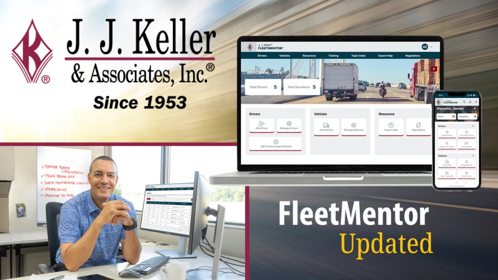 Blurred background image, with J.J. Keller logo inset top left, a man at a desk inset bottom left, a computer screen top right, and FleetMentor Updated at bottom right.