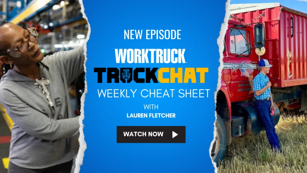 Lauren Fletcher hosts the latest Truck Chat Weekly Cheat Sheet, featuring industry pros and fleet news in 60 seconds, with images of a woman technician and a driver by a red work truck.
