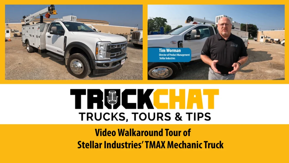 Truck Chat logo, inset photo of mechanic truck top left, inset logo of man talking about the truck top right, and headline for Video Walkaround Tour of Stellar Industries' TMAX Mechanic Truck.