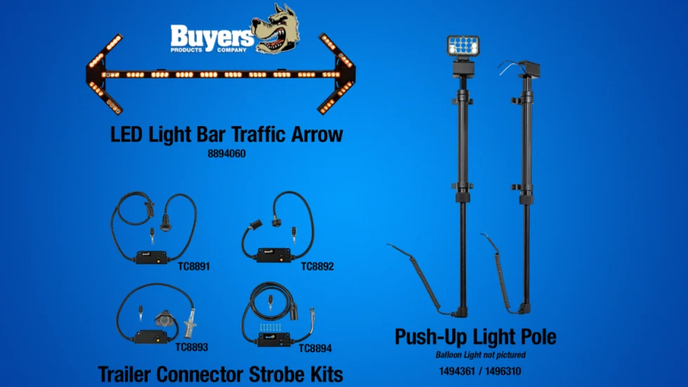 collection of lights and wiring harnesses for trucks and trailers against a blue background, with logo for Buyers Products.