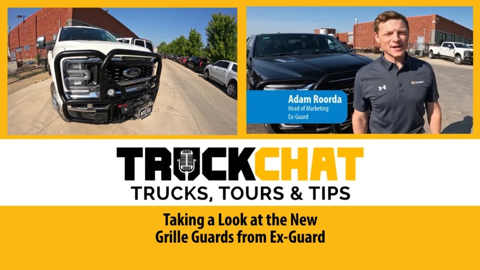 Truck Chat logo, inset image of man in front of truck top right, inset image of grille guard on truck top left, and headline for Taking a Look at the New Grille Guards from Ex-Guard.