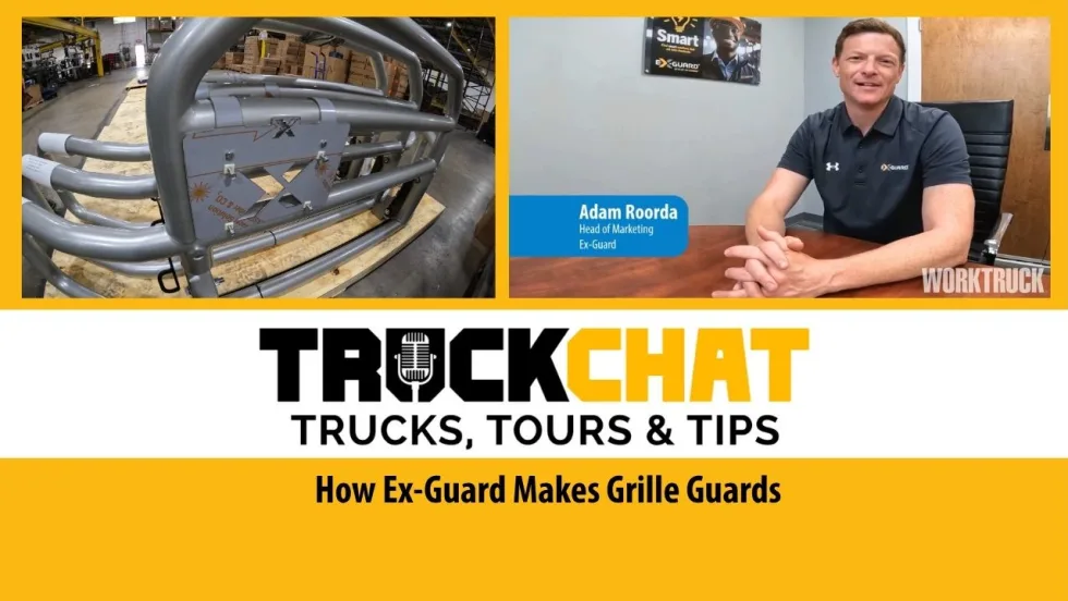 Thumbnail image with Truck Chat logo, inset photos of a man at a table top right, inset photo of a grille guard top left, and headline title for How Ex-Guard Makes Grille Guards.