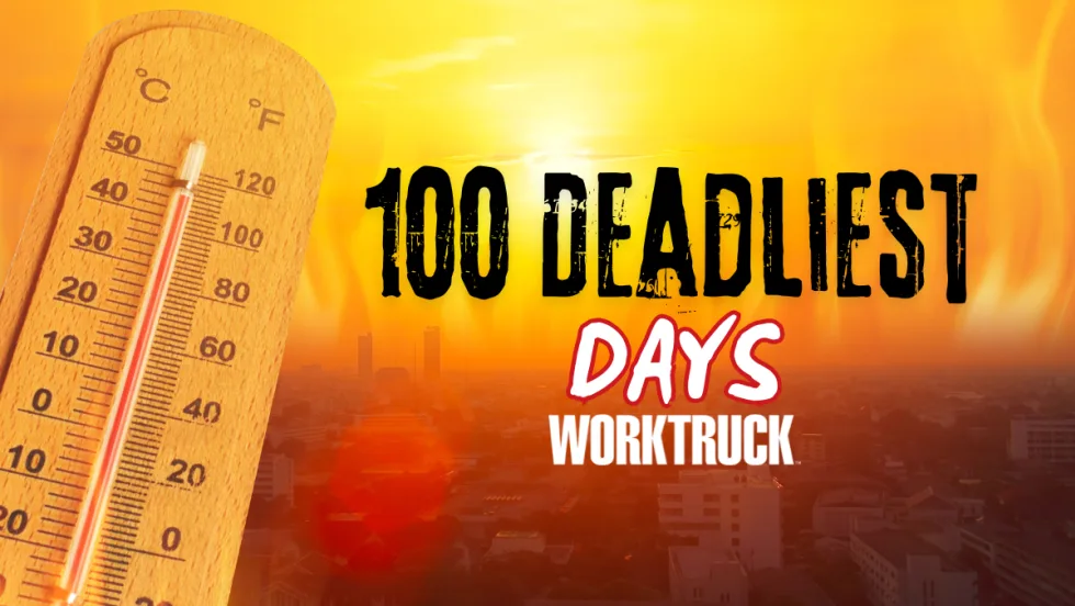 Graphic showing thermometer and hot city skyline highlighting 100 Deadliest Days for summer fleet safety.