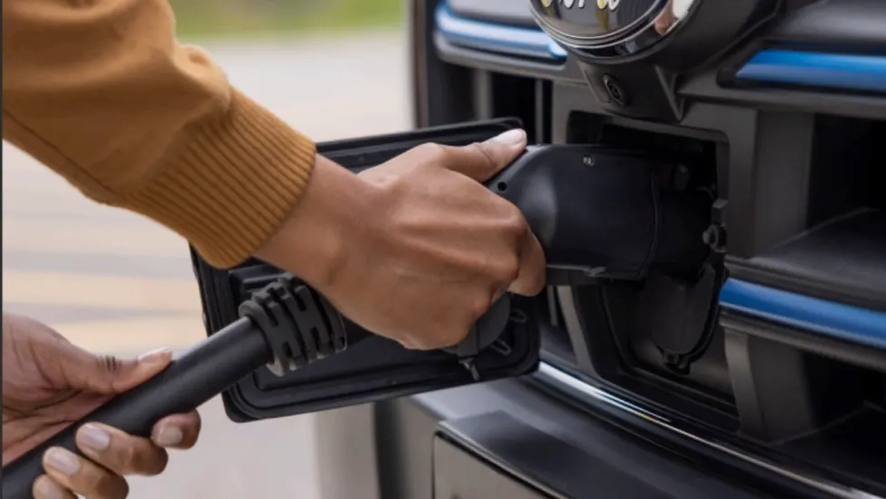 A person plugs a charging cable into the front port of a Ford electric vehicle, highlighting EV charging infrastructure for fleet operations.