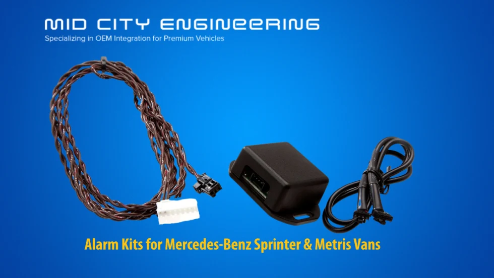 security system with wiring harness set against a blue background and white logo for Mid City Engineering.