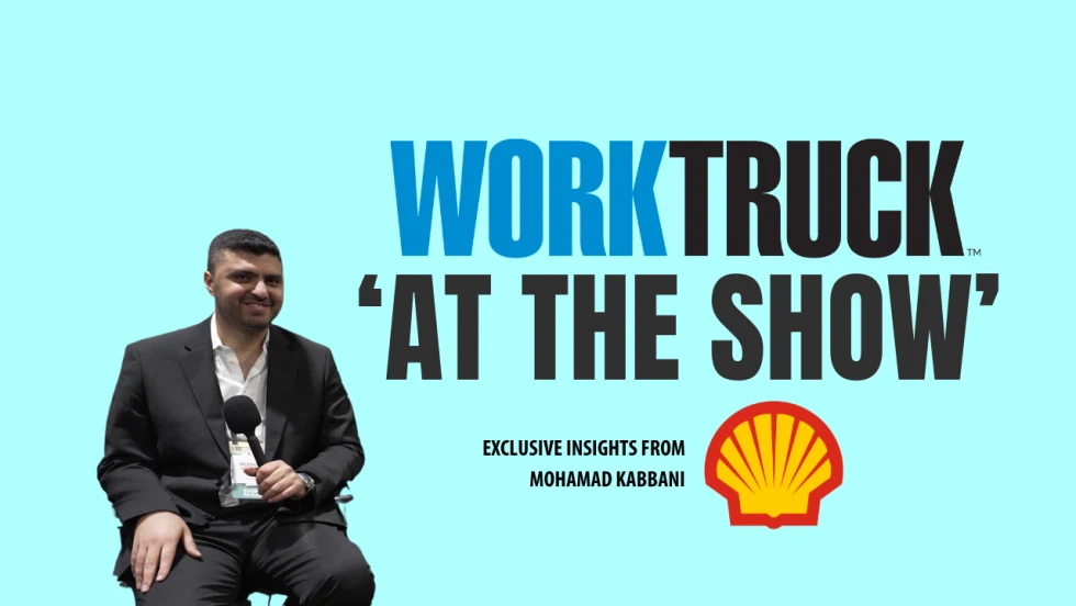 Mohamad Kabbani of Shell Fleet Solutions U.S. being interviewed by Work Truck during the ‘At The Show’ video series, with Shell and Work Truck logos on a blue background.