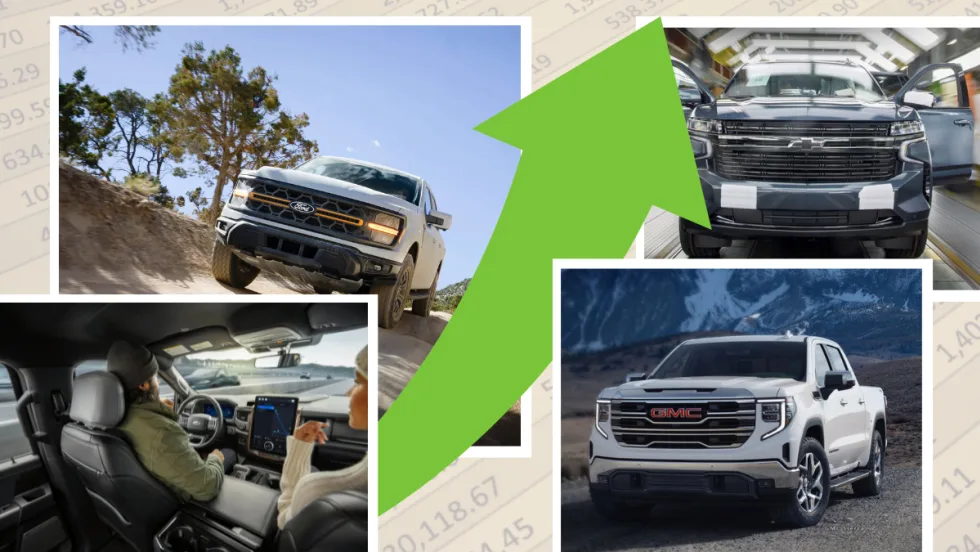 Top left image of Ford truck offroad, bottom left image inside a Ford truck, two Chevy truck images on right, and large green upward pointing arrow in the middle.