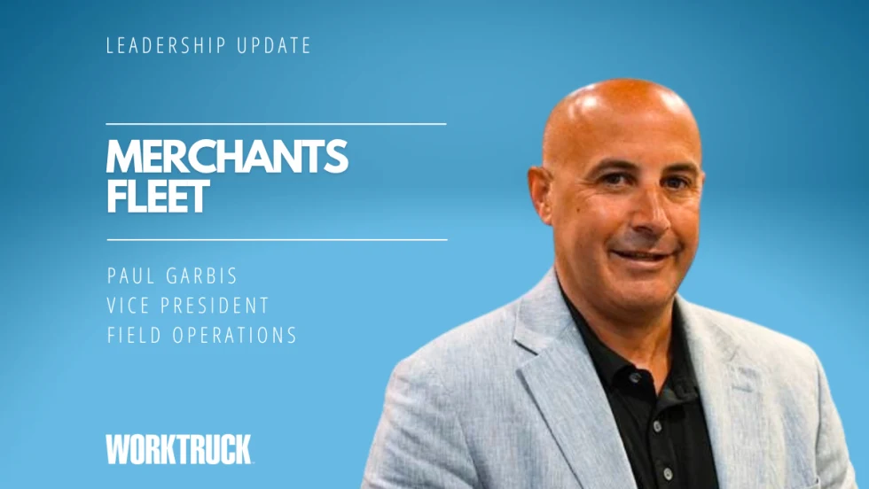 Man in business attire against a blue background with white text headlines that say Leadership Update, Merchants Fleet, and the man's name and title.