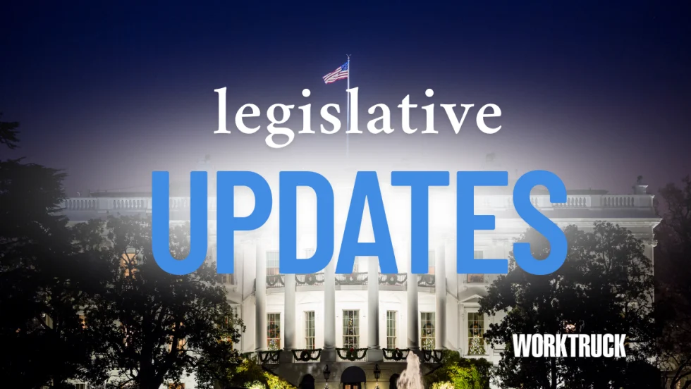 White House at night with U.S. flag and trees in foreground, overlaid with the text "Legislative Updates" and "Work Truck" logo in lower corner.