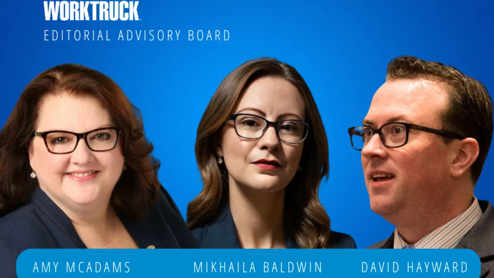 Two women and one men all in business attire against a blue background and inset white text saying Work Truck, and, Editorial Advisory Board.