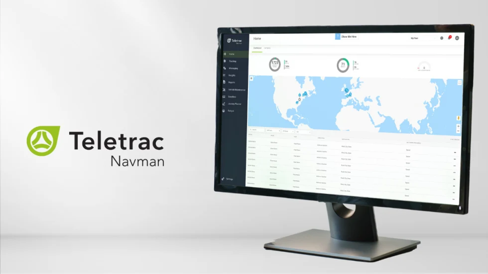 Computer showing Teletrac Navman’s TN360 fleet management platform with a world map and vehicle data, next to the Teletrac Navman logo on a gray background for a product launch post.