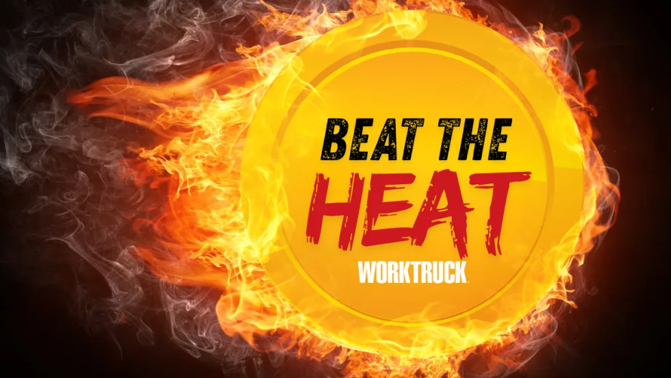 Bright yellow badge with flames and smoke, reading “Beat the Heat Work Truck,” symbolizing summer heat challenges for fleets.