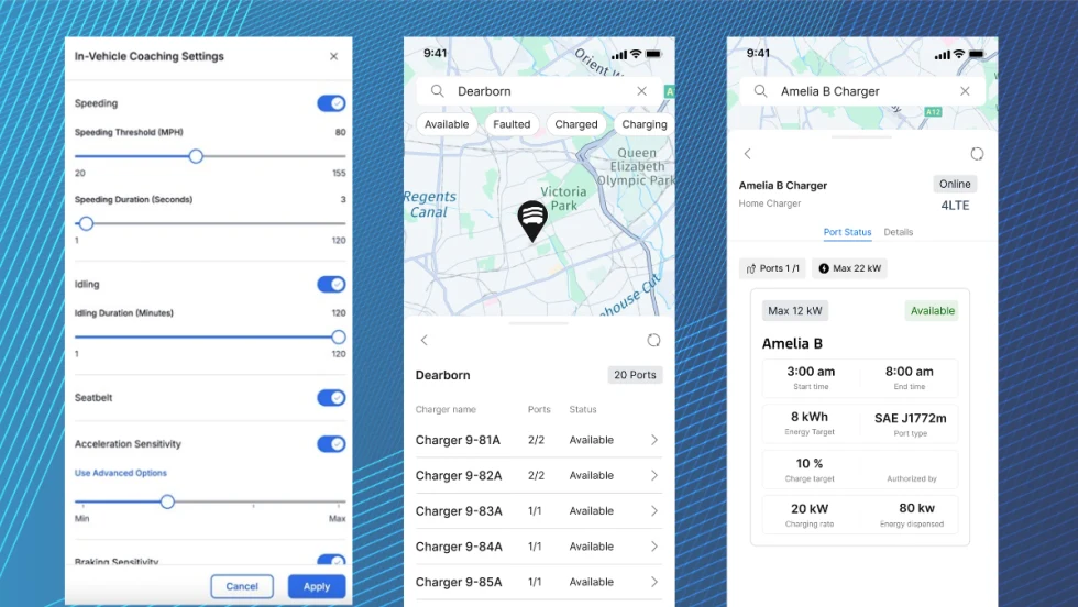 Ford Pro Telematics screenshots showing coaching settings, EV charger map view with port status, and detailed home charger info, including availability, charge rate, and session details.
