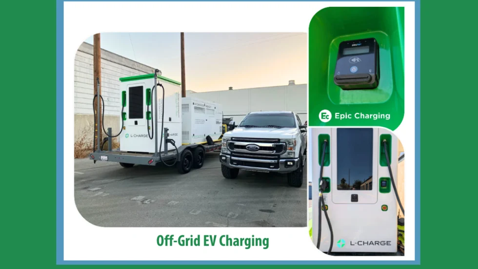 image of pickup at an EV charging station and two inset images, one showing closeup of charger and other of the point of sell terminal.
