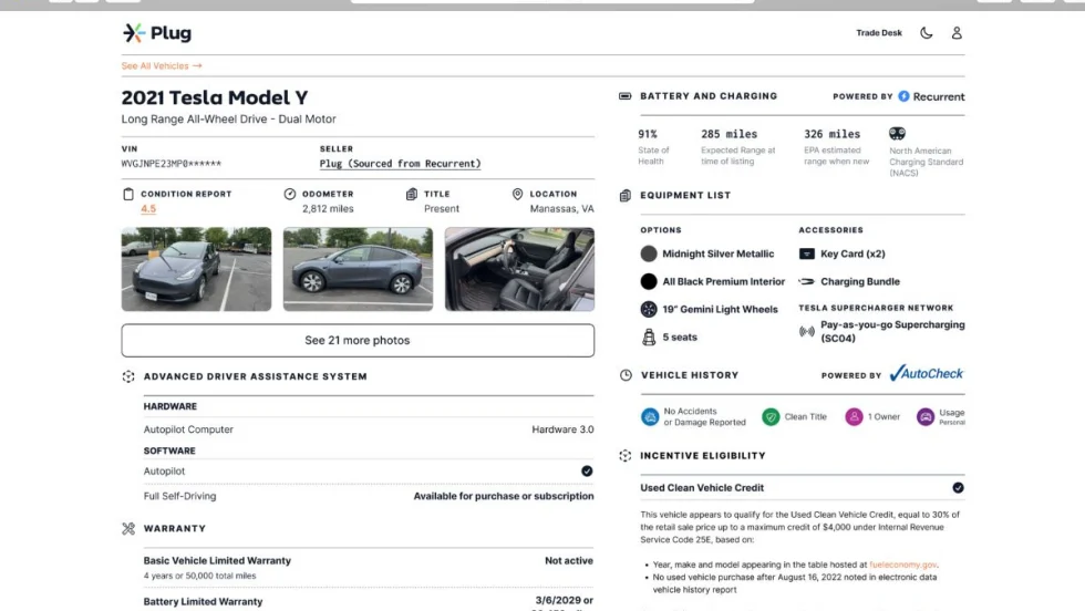 Plug listing for a 2021 Tesla Model Y showing vehicle details, battery health, warranty, equipment, Autopilot status, and Recurrent battery data, with photos and incentive eligibility noted.