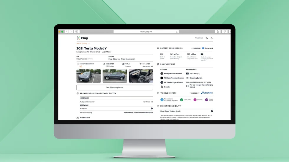 A computer screen displays a Plug EV auction listing for a 2021 Tesla Model Y, showing vehicle specs, condition report, battery health, equipment list, and Recurrent-powered battery data.