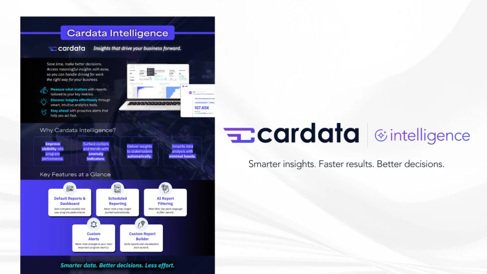 Promotional image for Cardata Intelligence highlighting features like dashboards, AI report filtering, alerts, and custom reports, with the tagline: “Smarter insights. Faster results. Better decisions