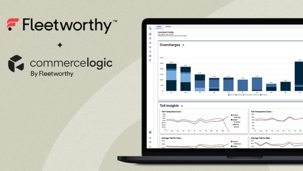 Laptop open on right side of frame with charts displayed, to the left are logos for Fleetworthy and commercelogic against a beige background.
