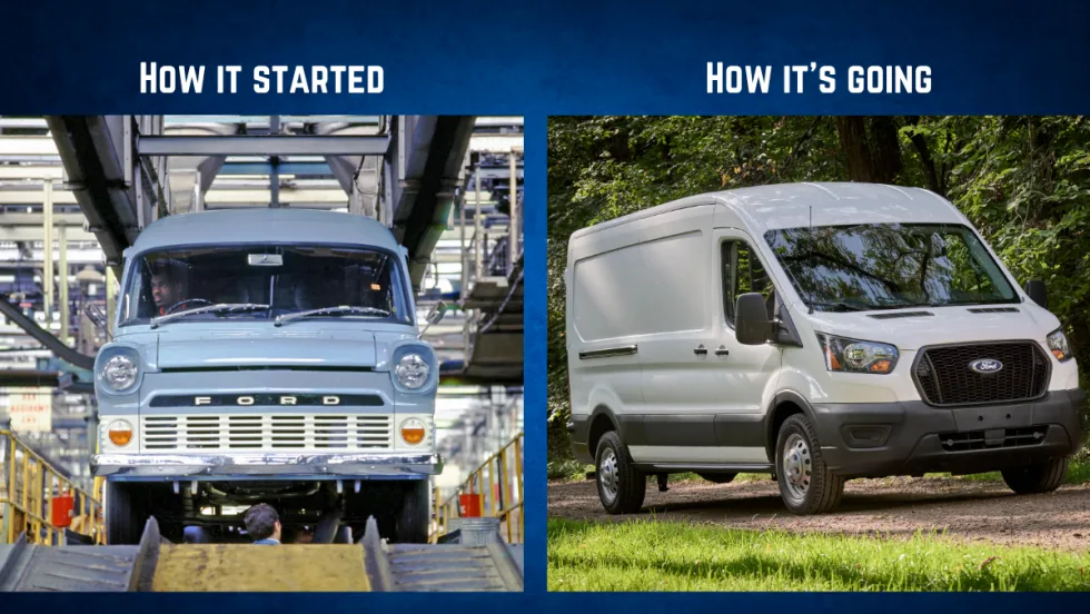 Side-by-side comparison of a classic 1965 Ford Transit and a modern-day Transit van, showcasing 60 years of evolution.