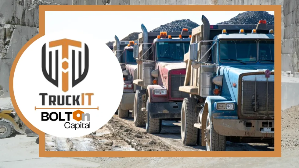 photo of dump trucks in a row and hauling aggregate with inset logos for TruckIt and Bolton Capital.