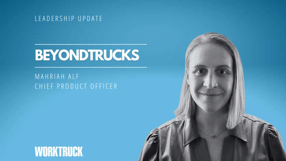 Woman in business attire against a blue background with white text for Leadership Update, BeyondTrucks, and her name and title.