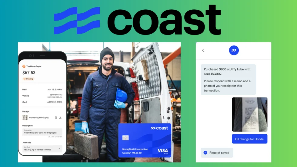 Blue and teal gradient background with logo for Coast across the two and inset photos of male worker and screenshots of app.
