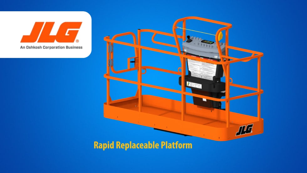 Mobile lift platform against a blue background with inset JLG logo.