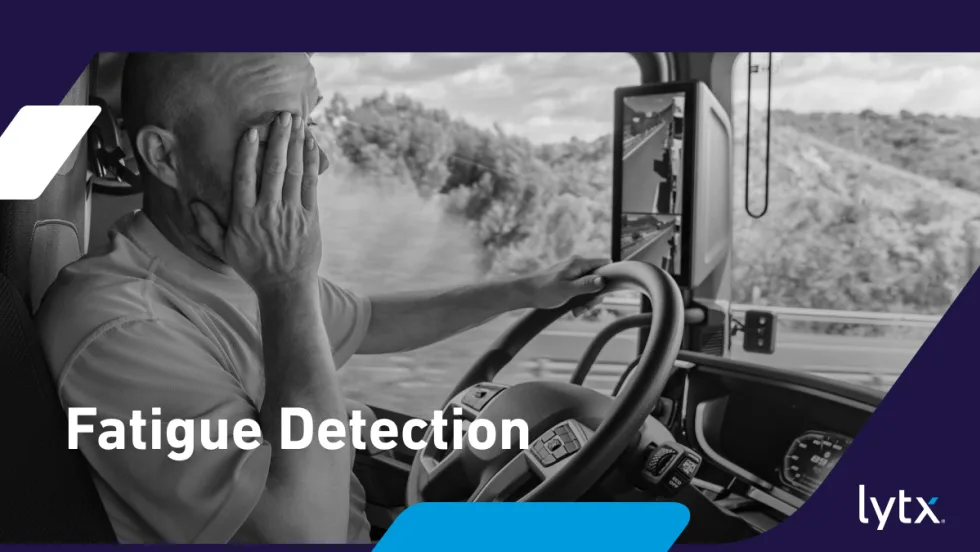 Image of man driving a truck and showing signs of fatigue, inset headline for Fatigue Detection, and a logo for Lytx.