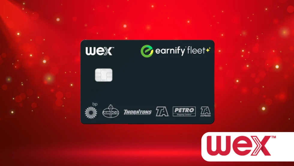 Credit card in front of a red background with lower right inset logo for WEX.